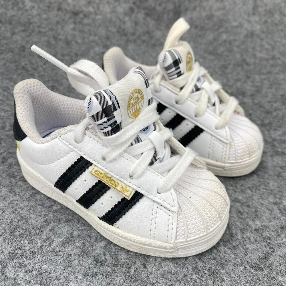 Adidas Infant Superstar White Black Sneaker Plaid Tongue Gold HP3260 5K